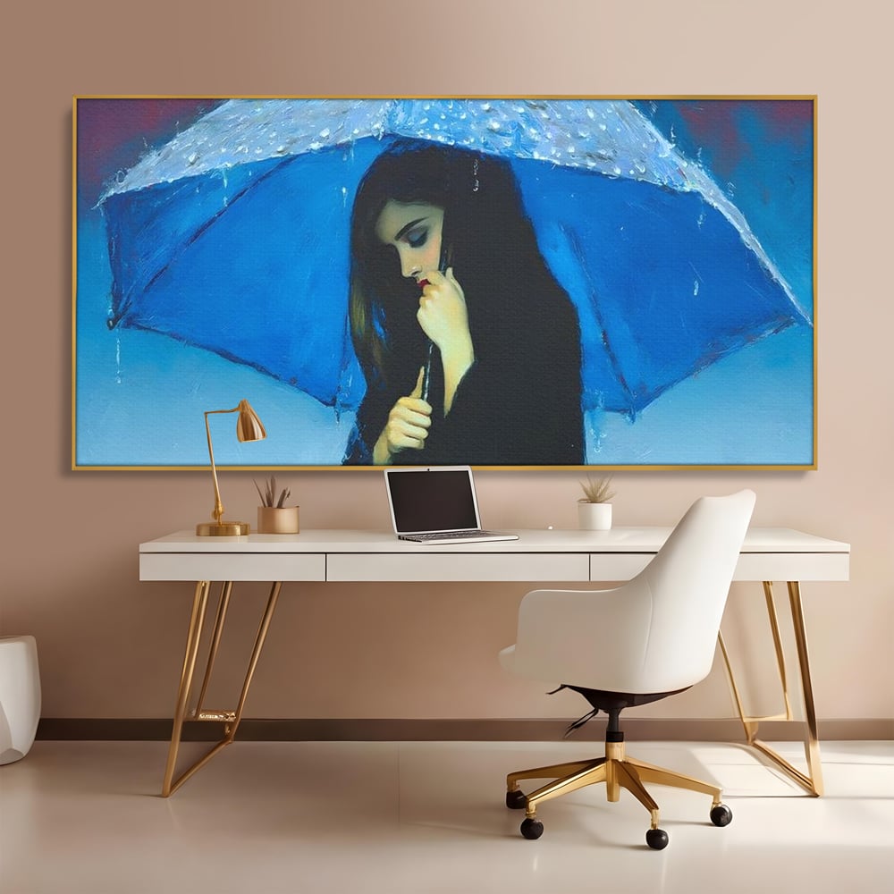 Tablou canvas cu pictura cu femeie sub umbrela albastra, in rama de aluminiu auriu, pe perete intr-un birou